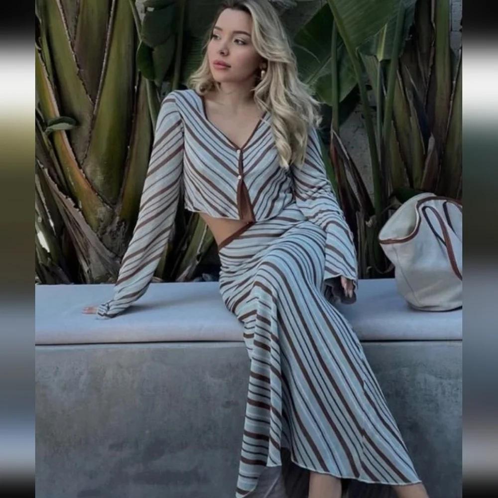 Zara Stripe Knit Top & Skirt Co Ord Set Size Large Green/ Brown - Picture 8 of 16